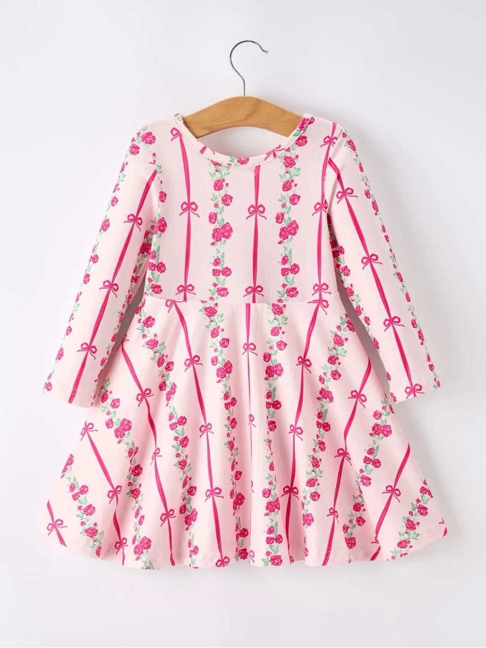 Rylee Faith Girls Bow Rose Dress Long sleeve Twirl Dress  5T-6T-7T